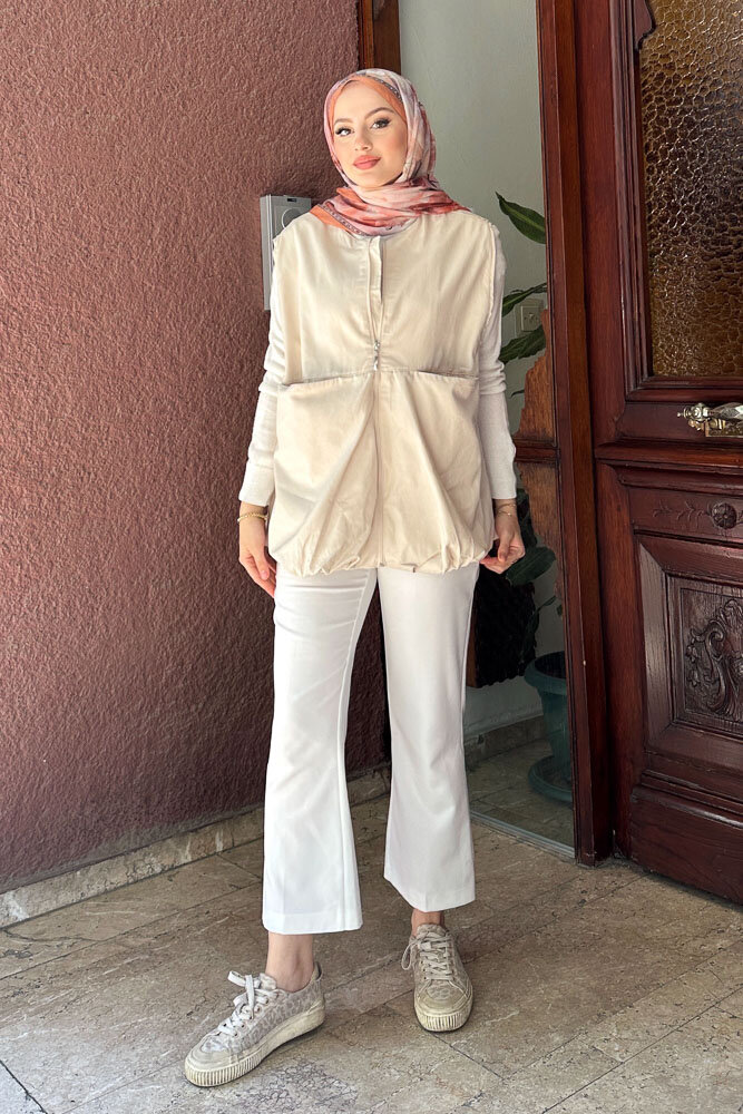Astarlı Cepli Gabardin Yelek - Taş Rengi - 4