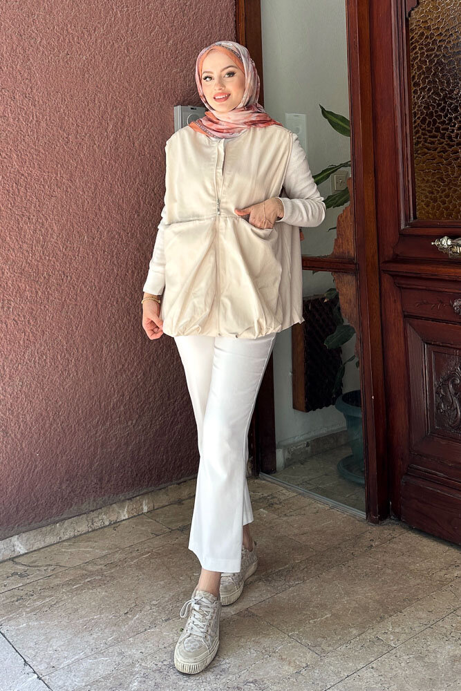 Astarlı Cepli Gabardin Yelek - Taş Rengi - 1
