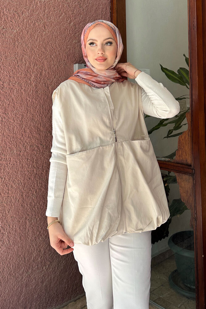 Astarlı Cepli Gabardin Yelek - Taş Rengi - 7