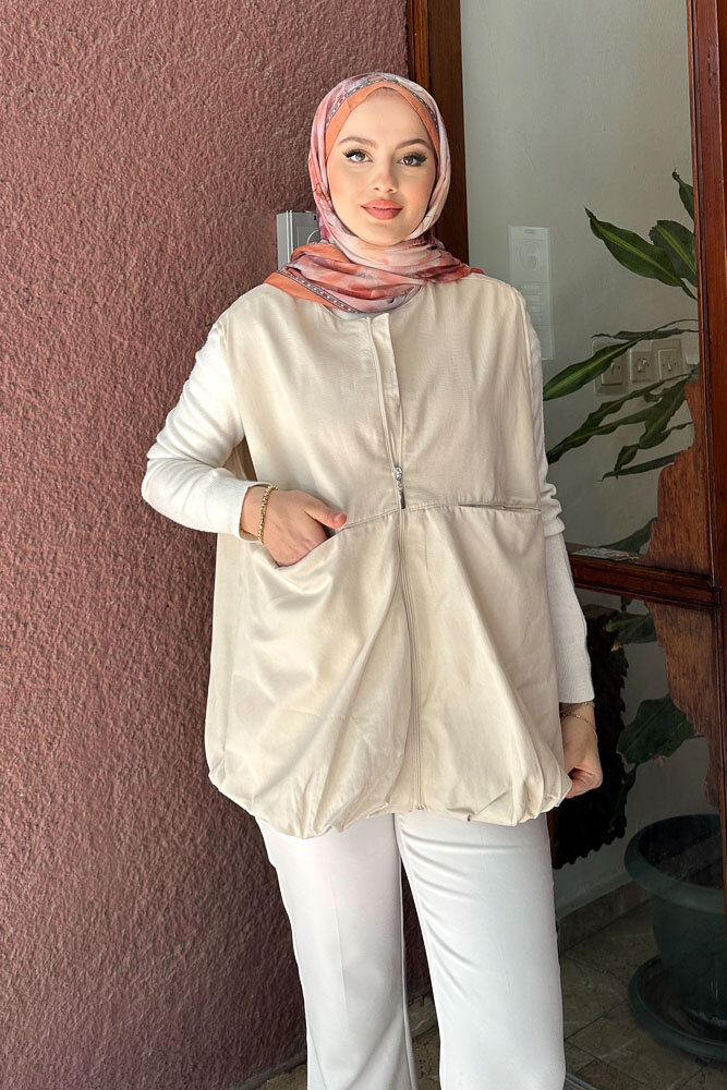 Astarlı Cepli Gabardin Yelek - Taş Rengi - 2