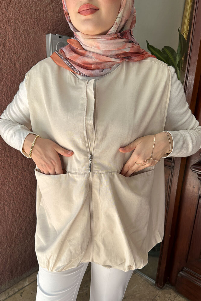Astarlı Cepli Gabardin Yelek - Taş Rengi - 5