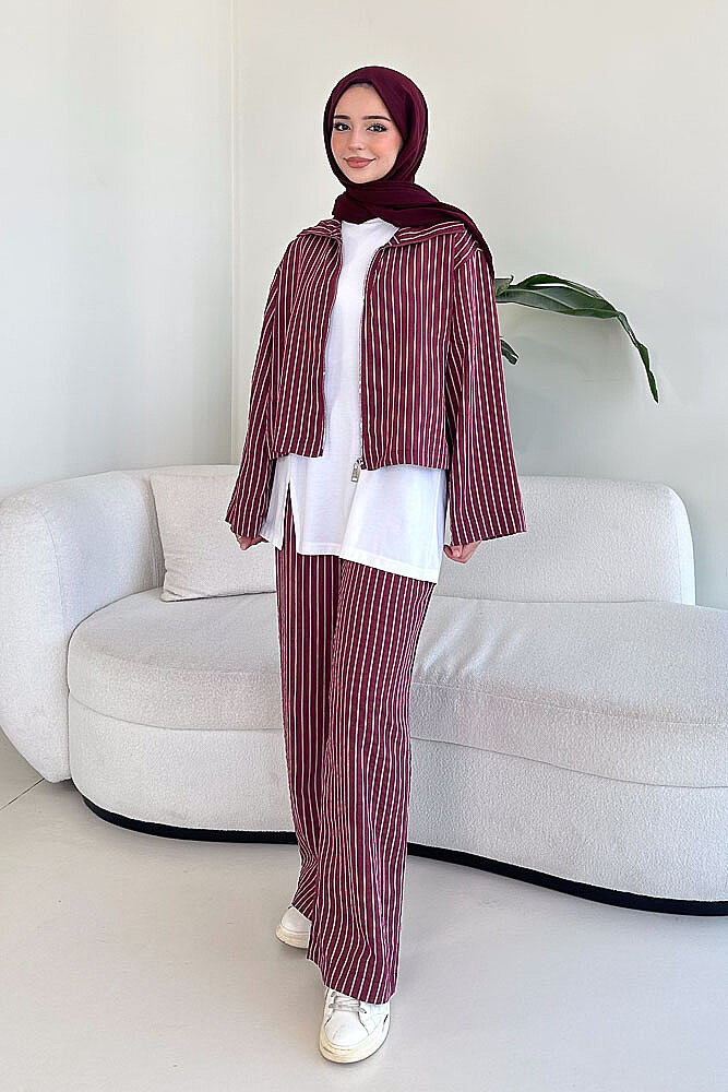 Aura Çizgili İçlikli Pantolon Takım - Bordo - 1