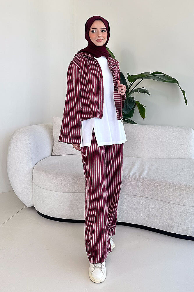 Aura Çizgili İçlikli Pantolon Takım - Bordo - 4