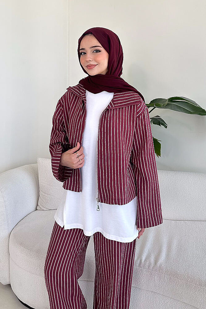 Aura Çizgili İçlikli Pantolon Takım - Bordo - PUANE (2)