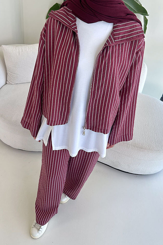 Aura Çizgili İçlikli Pantolon Takım - Bordo - 2