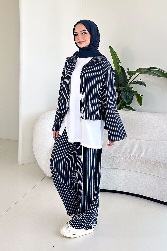 Aura Çizgili İçlikli Pantolon Takım - Lacivert - 3