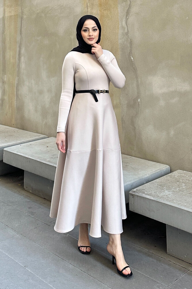 Aura Scuba Elbise - Bej - 5