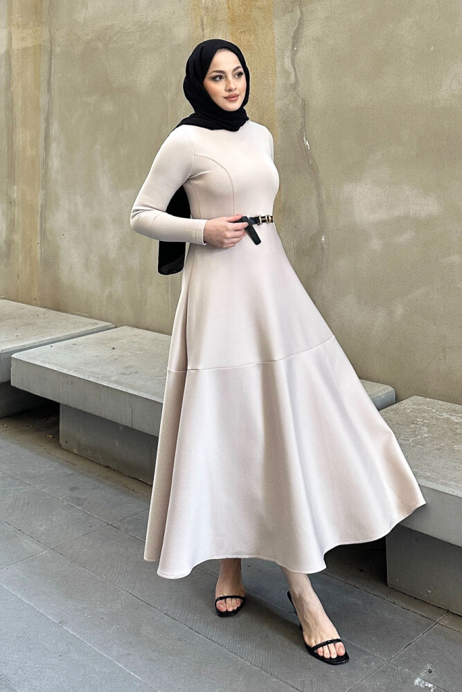 Aura Scuba Elbise - Bej - 6