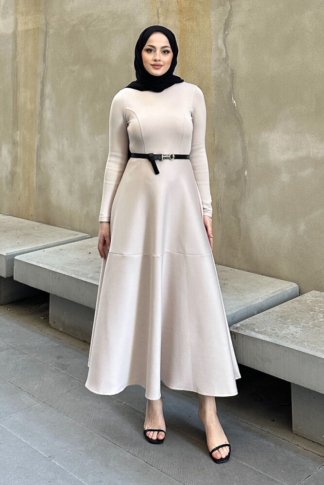 Aura Scuba Elbise - Bej - 1