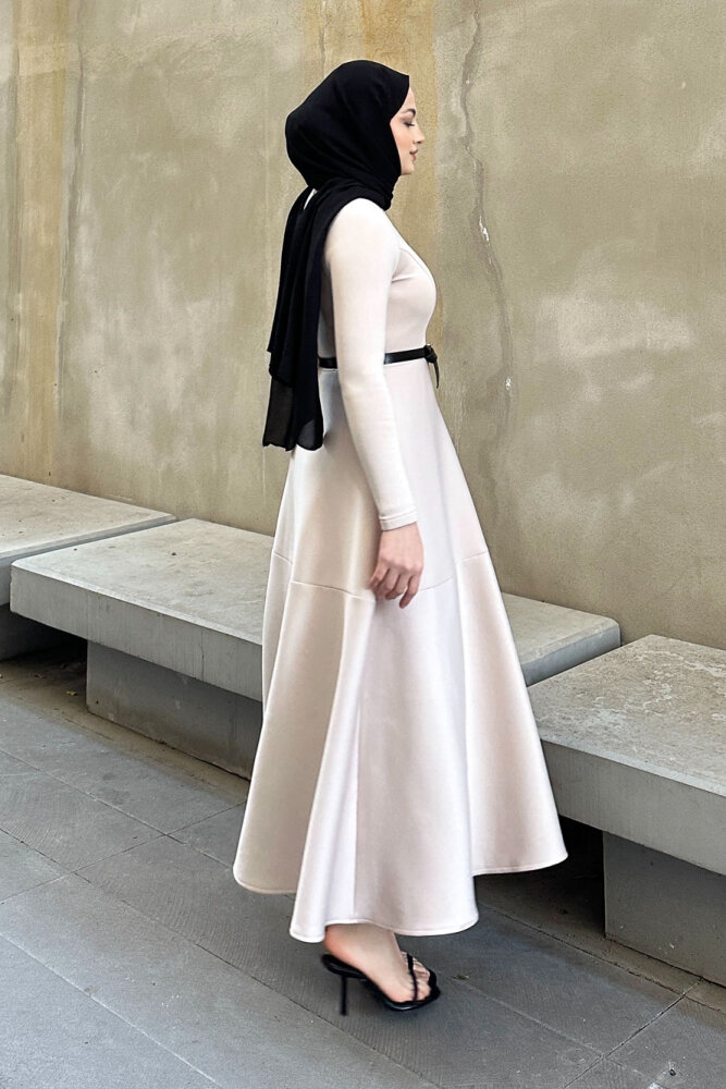 Aura Scuba Elbise - Bej - 3