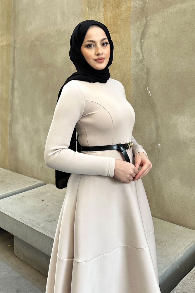 Aura Scuba Elbise - Bej - 8