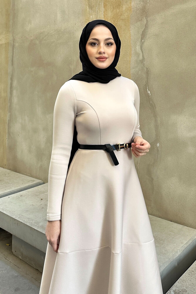 Aura Scuba Elbise - Bej - 2