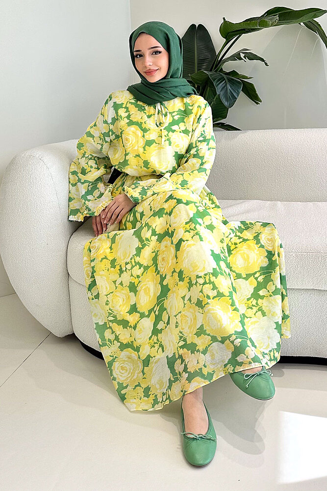 Aurora Çiçekli Şifon Elbise - Haki - ALLMİSS (3)