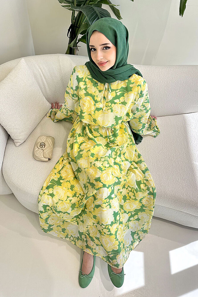 Aurora Çiçekli Şifon Elbise - Haki - 1