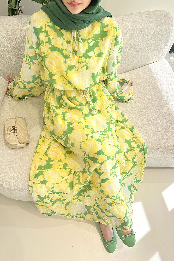 Aurora Çiçekli Şifon Elbise - Haki - ALLMİSS (2)