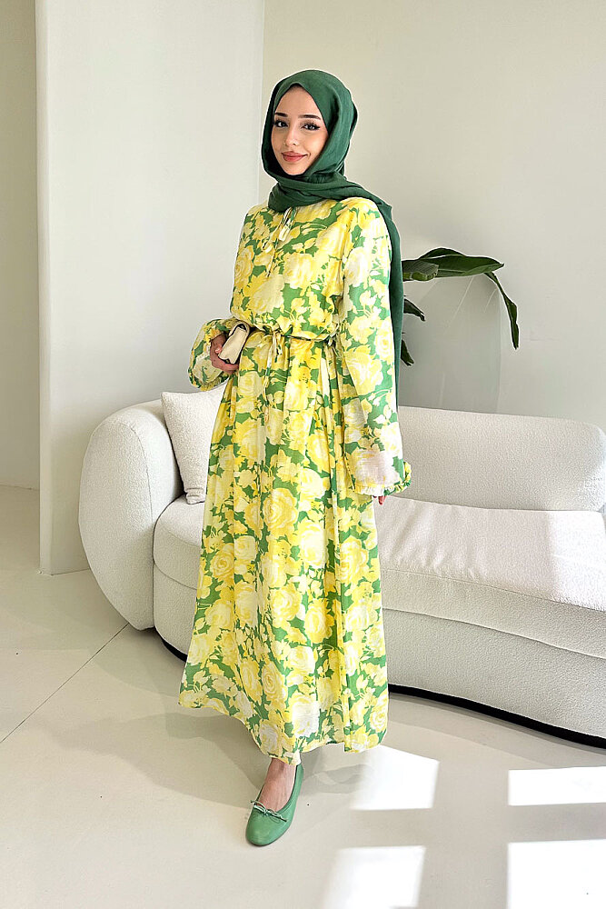 Aurora Çiçekli Şifon Elbise - Haki - ALLMİSS (4)