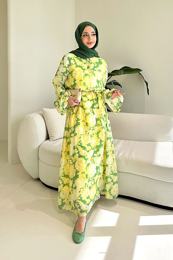 Aurora Çiçekli Şifon Elbise - Haki - 2