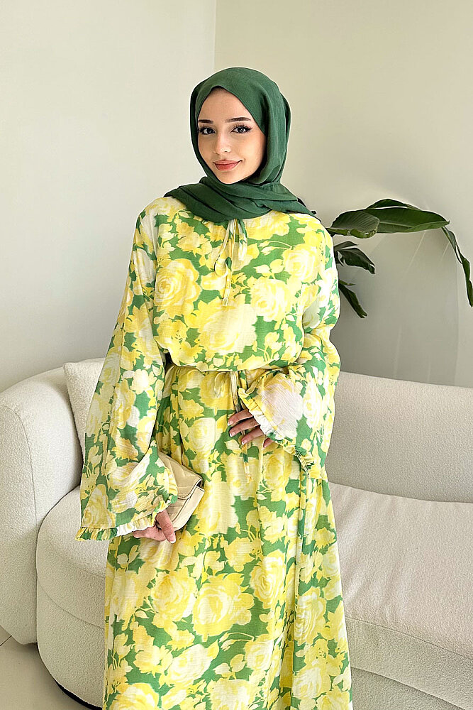 Aurora Çiçekli Şifon Elbise - Haki - 6