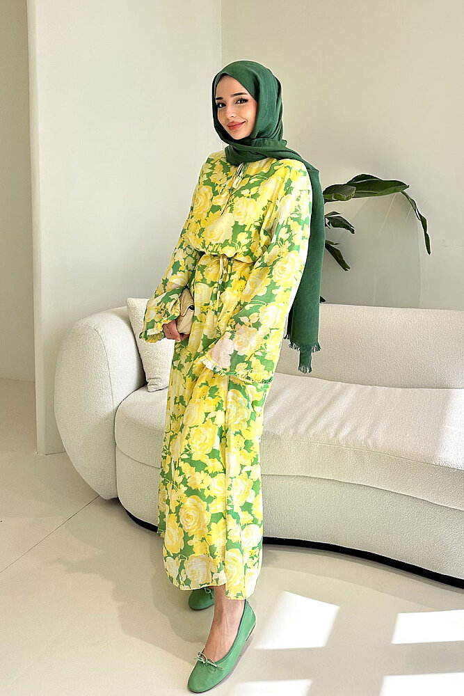 Aurora Çiçekli Şifon Elbise - Haki - 7