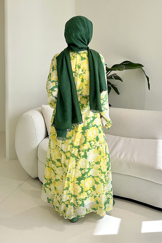 Aurora Çiçekli Şifon Elbise - Haki - 8