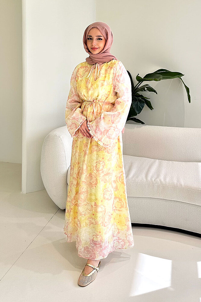 Aurora Çiçekli Şifon Elbise - Pembe - 4