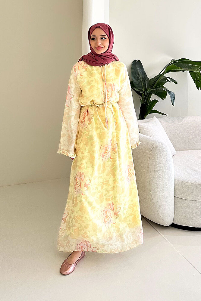 Aurora Çiçekli Şifon Elbise - Sarı - 5