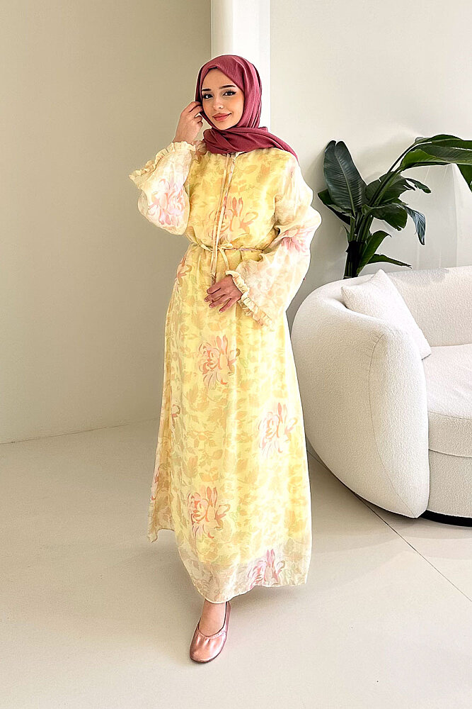 Aurora Çiçekli Şifon Elbise - Sarı - 7