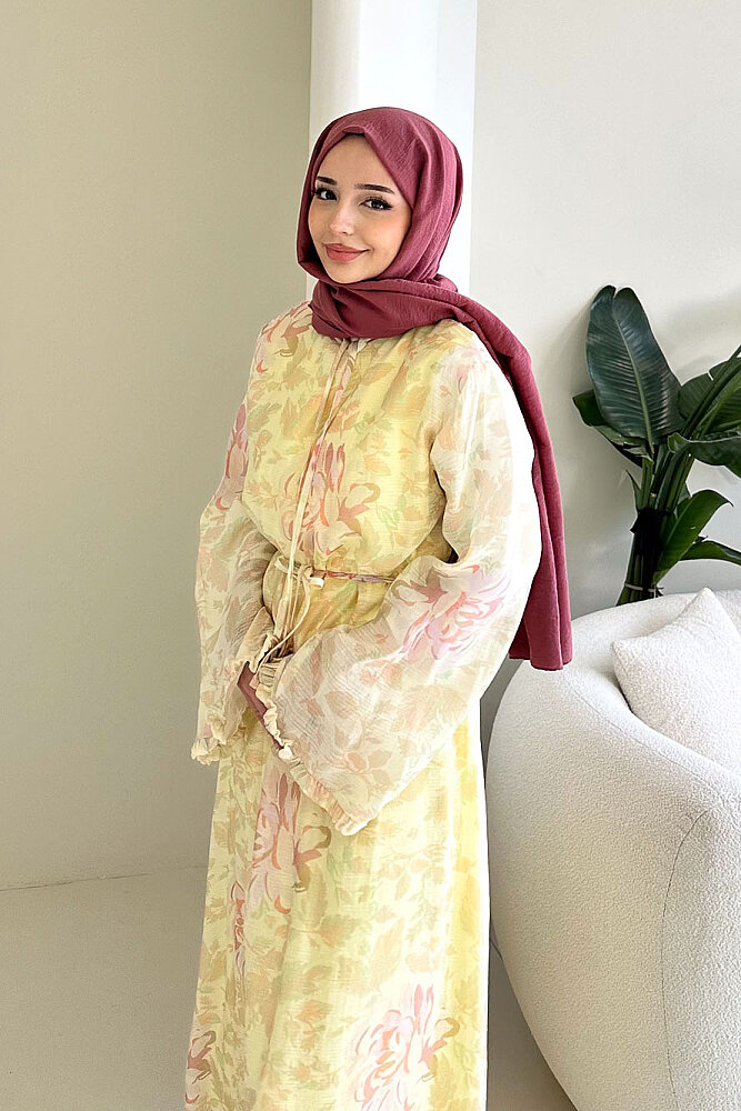 Aurora Çiçekli Şifon Elbise - Sarı - 3