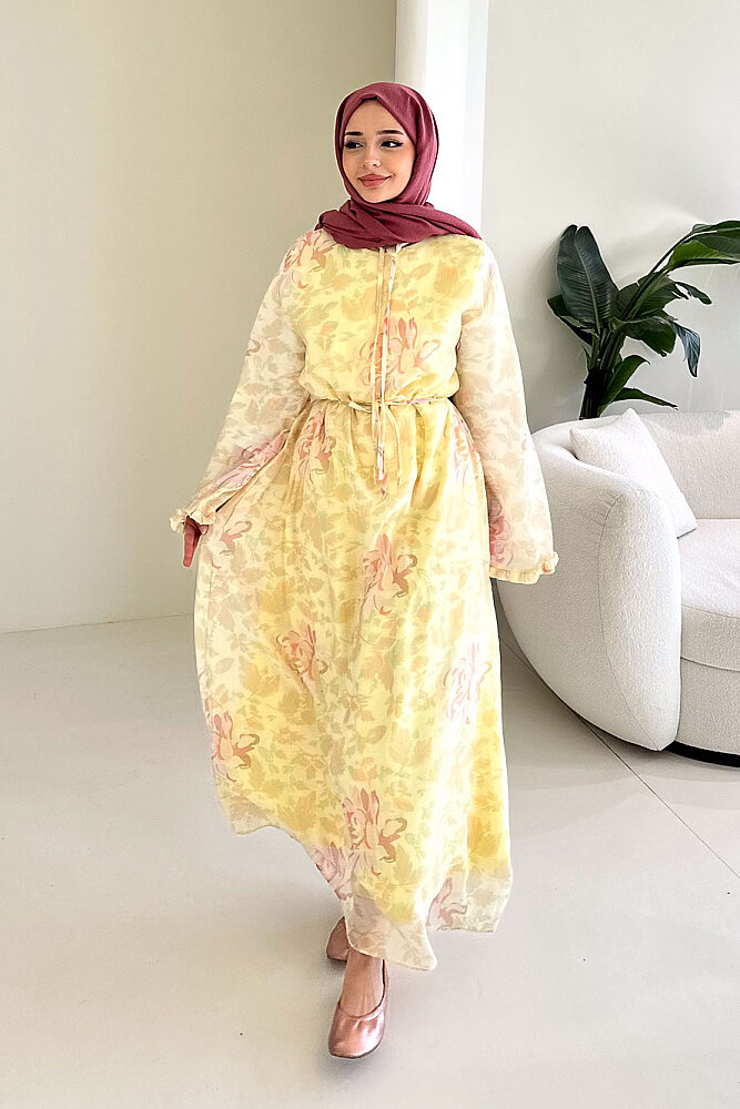 Aurora Çiçekli Şifon Elbise - Sarı - ALLMİSS (0)