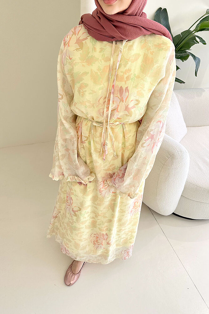 Aurora Çiçekli Şifon Elbise - Sarı - 2