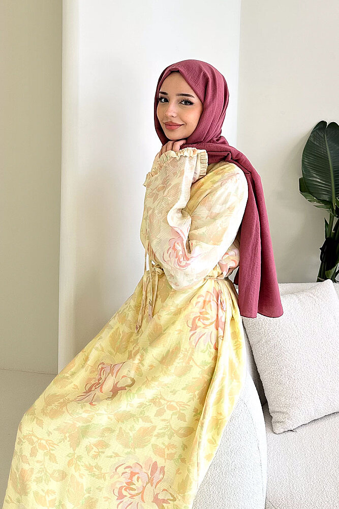 Aurora Çiçekli Şifon Elbise - Sarı - 4