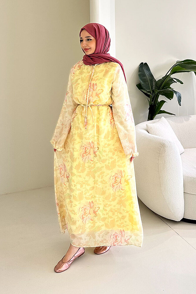 Aurora Çiçekli Şifon Elbise - Sarı - 8