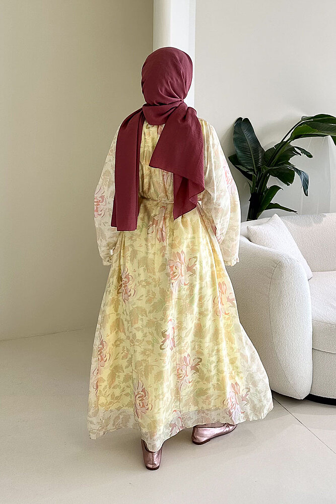 Aurora Çiçekli Şifon Elbise - Sarı - 6