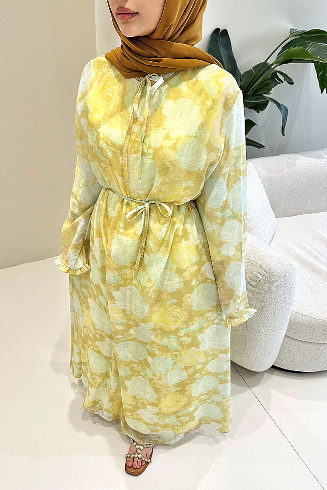 Aurora Çiçekli Şifon Elbise - Su Yeşili - 3