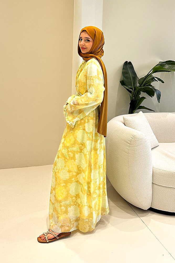 Aurora Çiçekli Şifon Elbise - Su Yeşili - 5