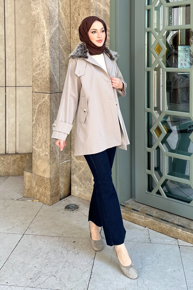 Avenue Seyyar Kürklü Kısa Trençkot - Bej - LİNE (0)