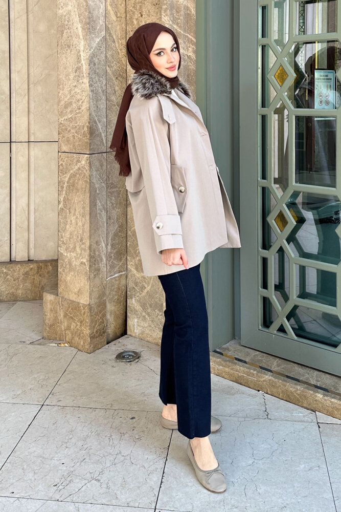 Avenue Seyyar Kürklü Kısa Trençkot - Bej - 3