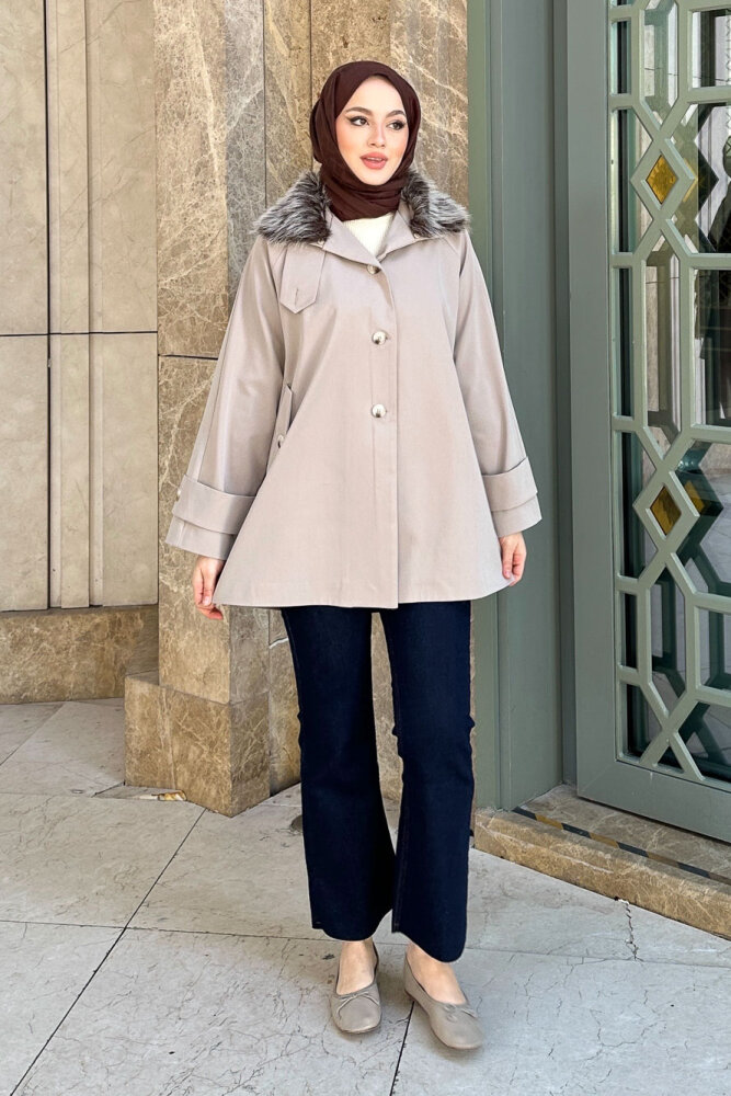 Avenue Seyyar Kürklü Kısa Trençkot - Bej - LİNE (4)