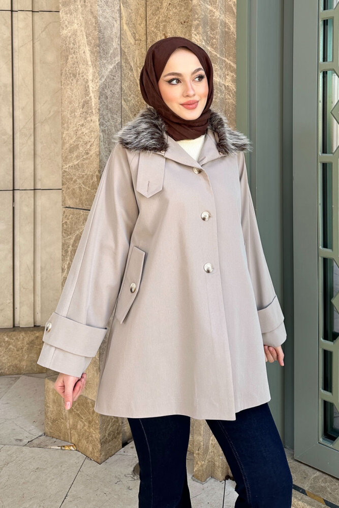 Avenue Seyyar Kürklü Kısa Trençkot - Bej - LİNE (3)