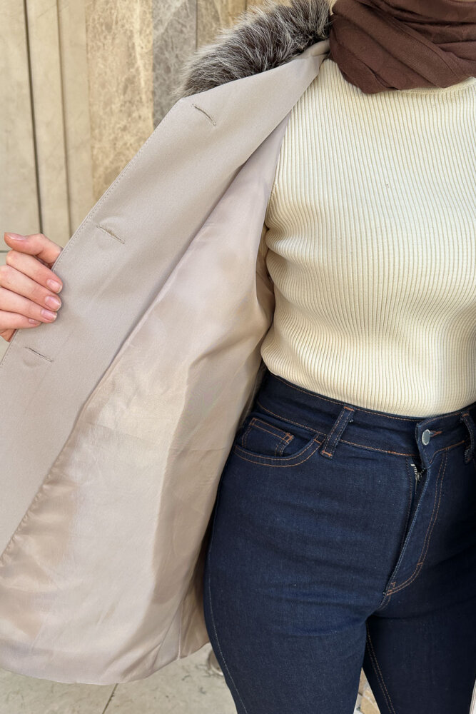 Avenue Seyyar Kürklü Kısa Trençkot - Bej - LİNE (5)