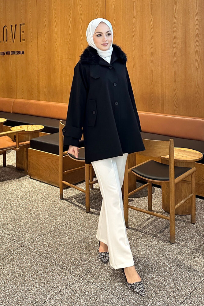 Avenue Seyyar Kürklü Kısa Trençkot - Siyah - LİNE (3)