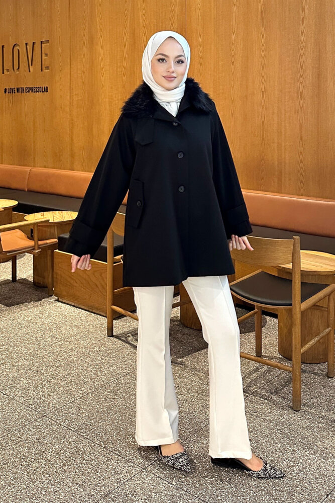 Avenue Seyyar Kürklü Kısa Trençkot - Siyah - LİNE (5)