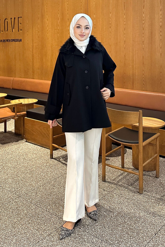 Avenue Seyyar Kürklü Kısa Trençkot - Siyah - 1