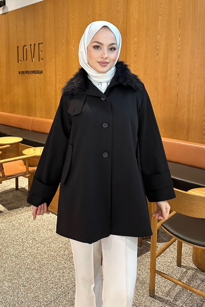 Avenue Seyyar Kürklü Kısa Trençkot - Siyah - 5