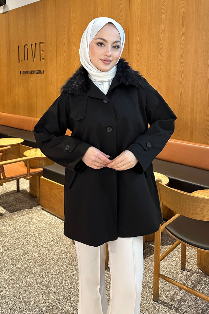 Avenue Seyyar Kürklü Kısa Trençkot - Siyah - LİNE (1)