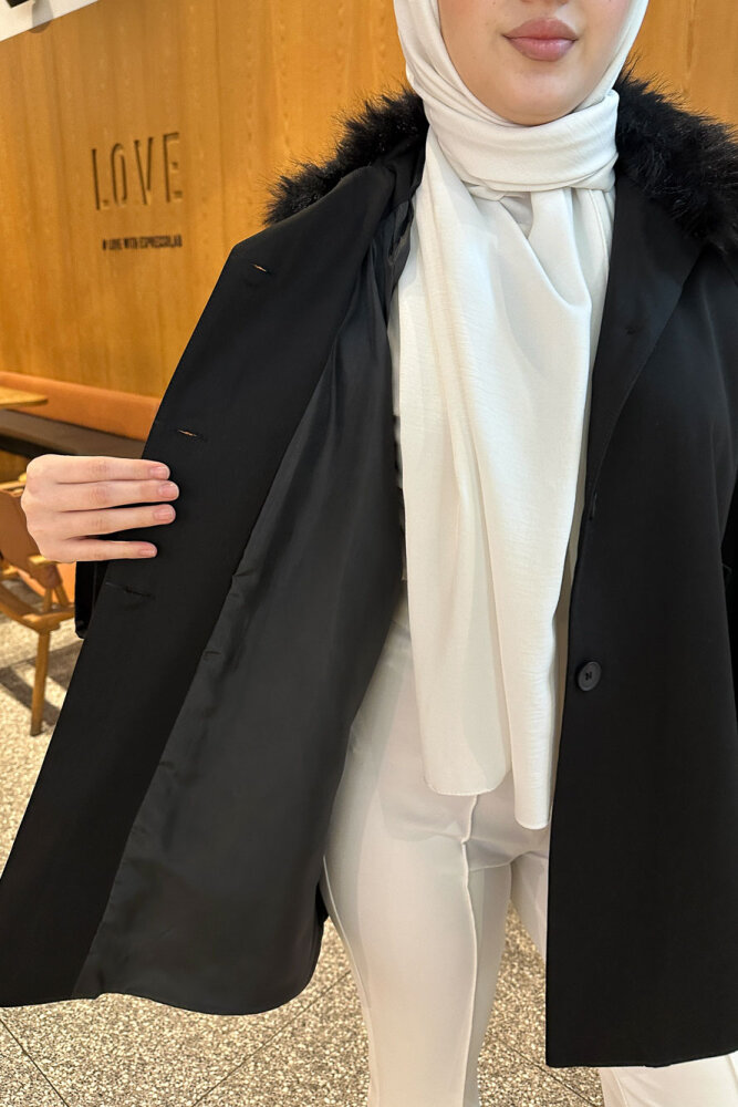 Avenue Seyyar Kürklü Kısa Trençkot - Siyah - 7