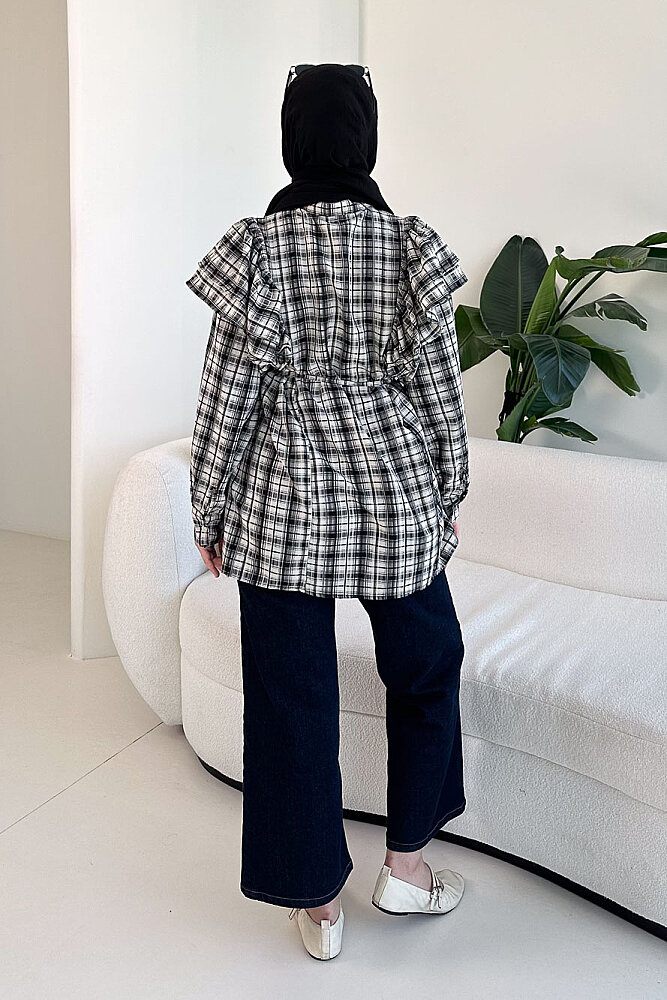 Bağcık Detaylı Ekose Gömlek - Ekru - 6