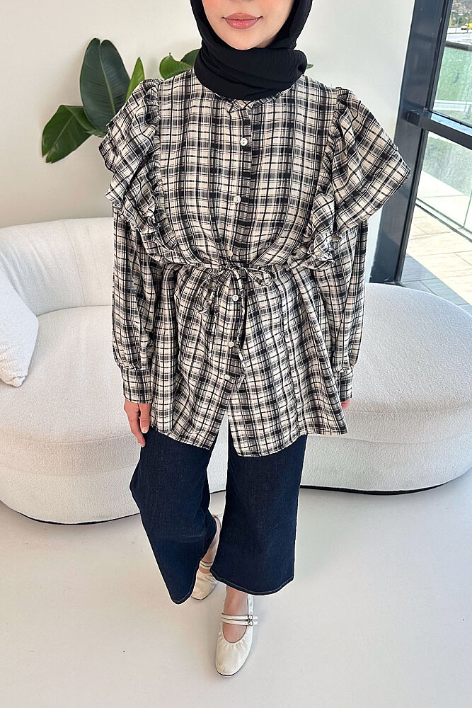 Bağcık Detaylı Ekose Gömlek - Ekru - ENMA (2)