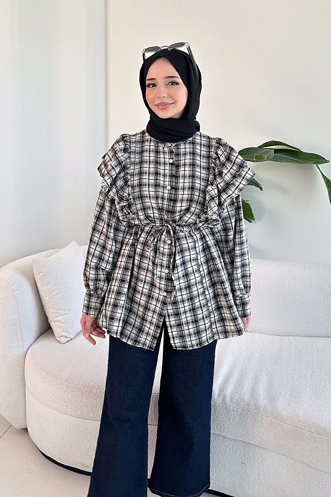 Bağcık Detaylı Ekose Gömlek - Ekru - 2