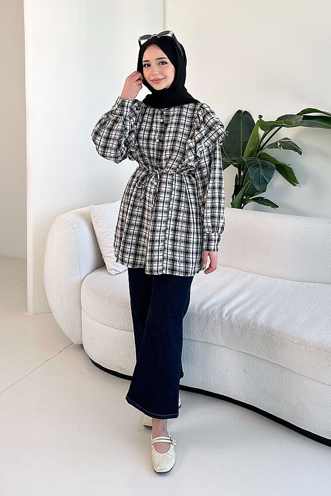 Bağcık Detaylı Ekose Gömlek - Ekru - 5